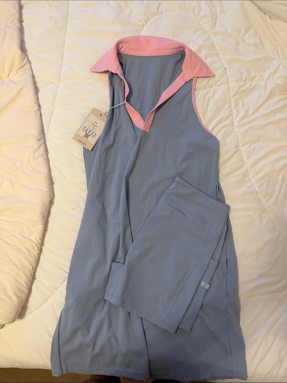 HALARA Lavender Blue Sleeveless Polo Dress with Pink Collar